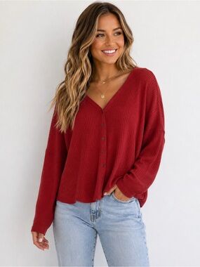A.N.A A New Approach Waffle Knit Button Front Top Red Cozy Long Sleeve Large